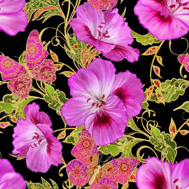 Seamless modeli. Altın dokulu bukleler. Parlak dantel, stilize çiçekler, kırmızı gül. Narin, altın arka plan, Paisley dokuma Ajur.