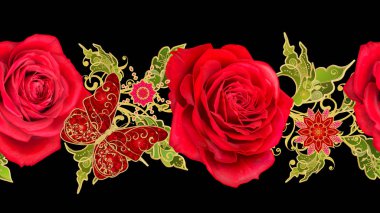 Seamless modeli. Altın dokulu bukleler. Parlak dantel, stilize çiçekler, kırmızı gül. Narin, altın arka plan, Paisley dokuma Ajur.