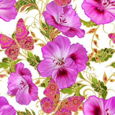 Seamless modeli. Altın dokulu bukleler. Parlak dantel, stilize çiçekler, kırmızı gül. Narin, altın arka plan, Paisley dokuma Ajur.