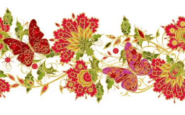 Seamless modeli. Altın dokulu bukleler. Parlak dantel, stilize çiçekler, kırmızı gül. Narin, altın arka plan, Paisley dokuma Ajur.