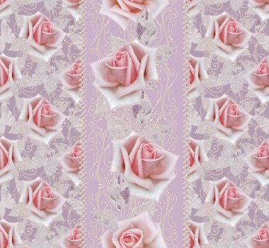 Seamless modeli. Pastel pembe Gül, kelebek dekoratif dekorasyon, desenli öğesi, hassas dokulu gümüş yaprakları yapılmış ince dantel ve inciler, iplik boncuklar, ahbap. Hassas dokuma Ajur