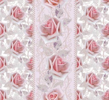 Seamless modeli. Pastel pembe Gül, kelebek dekoratif dekorasyon, desenli öğesi, hassas dokulu gümüş yaprakları yapılmış ince dantel ve inciler, iplik boncuklar, ahbap. Hassas dokuma Ajur