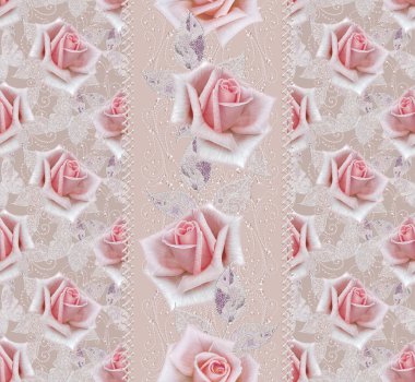 Seamless modeli. Pastel pembe Gül, kelebek dekoratif dekorasyon, desenli öğesi, hassas dokulu gümüş yaprakları yapılmış ince dantel ve inciler, iplik boncuklar, ahbap. Hassas dokuma Ajur