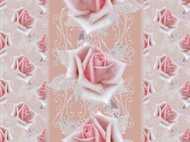 Seamless modeli. Pastel pembe Gül, kelebek dekoratif dekorasyon, desenli öğesi, hassas dokulu gümüş yaprakları yapılmış ince dantel ve inciler, iplik boncuklar, ahbap. Hassas dokuma Ajur