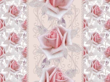 Seamless modeli. Pastel pembe Gül, kelebek dekoratif dekorasyon, desenli öğesi, hassas dokulu gümüş yaprakları yapılmış ince dantel ve inciler, iplik boncuklar, ahbap. Hassas dokuma Ajur