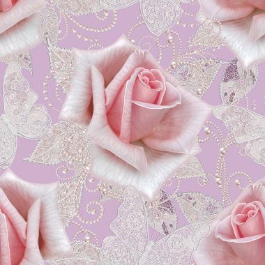 Seamless modeli. Pastel pembe Gül, kelebek dekoratif dekorasyon, desenli öğesi, hassas dokulu gümüş yaprakları yapılmış ince dantel ve inciler, iplik boncuklar, ahbap. Hassas dokuma Ajur