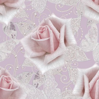 Seamless modeli. Pastel pembe Gül, kelebek dekoratif dekorasyon, desenli öğesi, hassas dokulu gümüş yaprakları yapılmış ince dantel ve inciler, iplik boncuklar, ahbap. Hassas dokuma Ajur