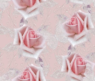 Seamless modeli. Pastel pembe Gül, kelebek dekoratif dekorasyon, desenli öğesi, hassas dokulu gümüş yaprakları yapılmış ince dantel ve inciler, iplik boncuklar, ahbap. Hassas dokuma Ajur