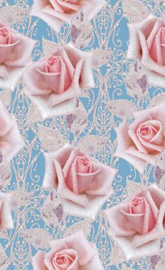 Seamless modeli. Pastel pembe Gül, kelebek dekoratif dekorasyon, desenli öğesi, hassas dokulu gümüş yaprakları yapılmış ince dantel ve inciler, iplik boncuklar, ahbap. Hassas dokuma Ajur