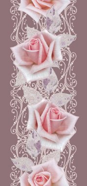 Seamless modeli. Pastel pembe Gül, kelebek dekoratif dekorasyon, desenli öğesi, hassas dokulu gümüş yaprakları yapılmış ince dantel ve inciler, iplik boncuklar, ahbap. Hassas dokuma Ajur