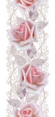 Seamless modeli. Pastel pembe Gül, kelebek dekoratif dekorasyon, desenli öğesi, hassas dokulu gümüş yaprakları yapılmış ince dantel ve inciler, iplik boncuklar, ahbap. Hassas dokuma Ajur