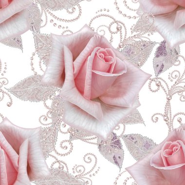 Seamless modeli. Pastel pembe Gül, kelebek dekoratif dekorasyon, desenli öğesi, hassas dokulu gümüş yaprakları yapılmış ince dantel ve inciler, iplik boncuklar, ahbap. Hassas dokuma Ajur