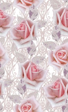 Seamless modeli. Pastel pembe Gül, kelebek dekoratif dekorasyon, desenli öğesi, hassas dokulu gümüş yaprakları yapılmış ince dantel ve inciler, iplik boncuklar, ahbap. Hassas dokuma Ajur