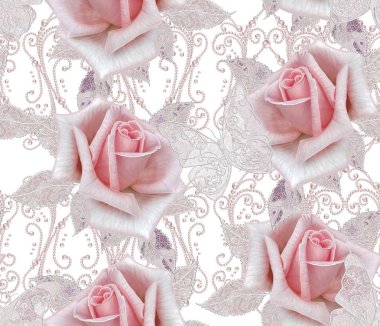Seamless modeli. Pastel pembe Gül, kelebek dekoratif dekorasyon, desenli öğesi, hassas dokulu gümüş yaprakları yapılmış ince dantel ve inciler, iplik boncuklar, ahbap. Hassas dokuma Ajur