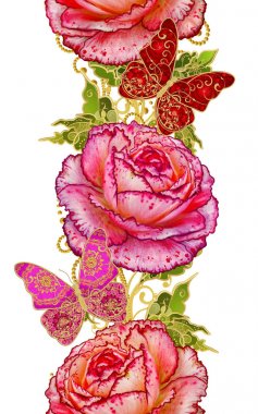 Seamless modeli. Altın dokulu bukleler. Parlak dantel, stilize çiçekler, kırmızı gül. Narin, altın arka plan, Paisley dokuma Ajur.