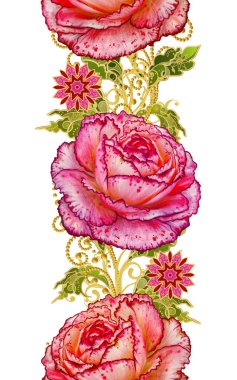 Seamless modeli. Altın dokulu bukleler. Parlak dantel, stilize çiçekler, kırmızı gül. Narin, altın arka plan, dokuma Ajur Paisley, kuyumcu 's kelebek.