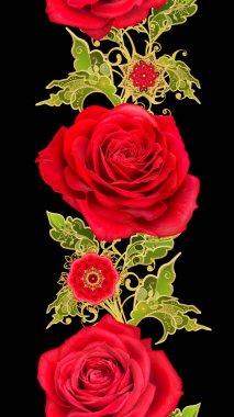 Seamless modeli. Altın dokulu bukleler. Parlak dantel, stilize çiçekler, kırmızı gül. Narin, altın arka plan, dokuma Ajur Paisley, kuyumcu 's kelebek.