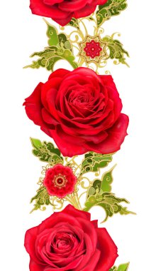 Seamless modeli. Altın dokulu bukleler. Parlak dantel, stilize çiçekler, kırmızı gül. Narin, altın arka plan, Paisley dokuma Ajur.