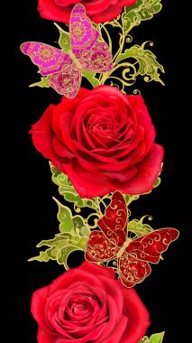 Seamless modeli. Altın dokulu bukleler. Parlak dantel, stilize çiçekler, kırmızı gül. Narin, altın arka plan, dokuma Ajur Paisley, kuyumcu 's kelebek.