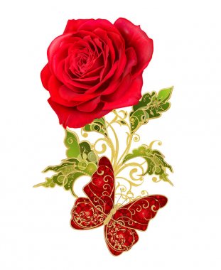 Yüksek kaynaklanıyor, parlak kırmızı gül, desenli dekor unsurları stilize altın parlak çiçekler. Beyaz arka plan üzerinde izole. Narin, dokuma Ajur kuyumcu 's kelebek.