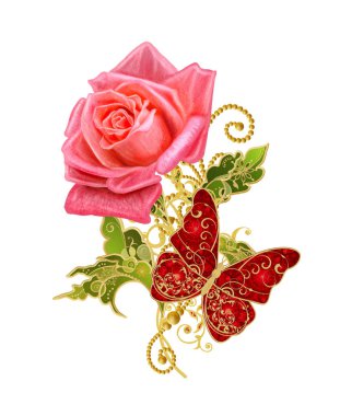 Yüksek kaynaklanıyor, parlak kırmızı gül, desenli dekor unsurları stilize altın parlak çiçekler. Beyaz arka plan üzerinde izole. Narin, dokuma Ajur kuyumcu 's kelebek.