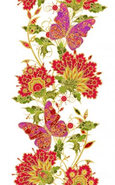 Seamless modeli. Dikey kenarlık. Altın dokulu bukleler. Parlak dantel, stilize çiçek, pembe pastel gül. Narin, altın arka plan, dokuma Ajur Paisley, kuyumcu 's kelebek.