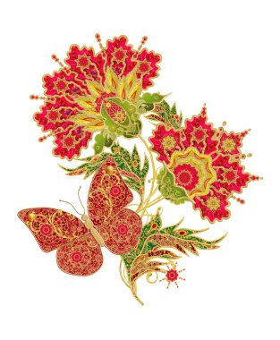 Stilize altın parlak çiçek desenli dekor unsurları, yüksek kaynaklanıyor. Beyaz arka plan üzerinde izole. Narin, dokuma Ajur kuyumcu 's kelebek.