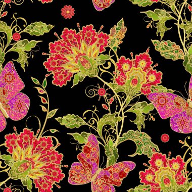 Seamless modeli. Dikey kenarlık. Altın dokulu bukleler. Parlak dantel, stilize çiçek, pembe pastel gül. Narin, altın arka plan, dokuma Ajur Paisley, kuyumcu 's kelebek.