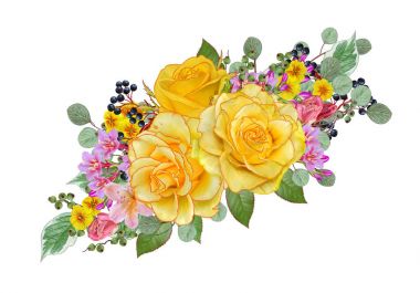 Çiçek arka plan. Buket, kompozisyon çiçekler, ihale Sarı Gül, çilek, dalları, yaprakları. Tebrik kartı, davetiye, kartvizit. Beyaz arka plan üzerinde izole.