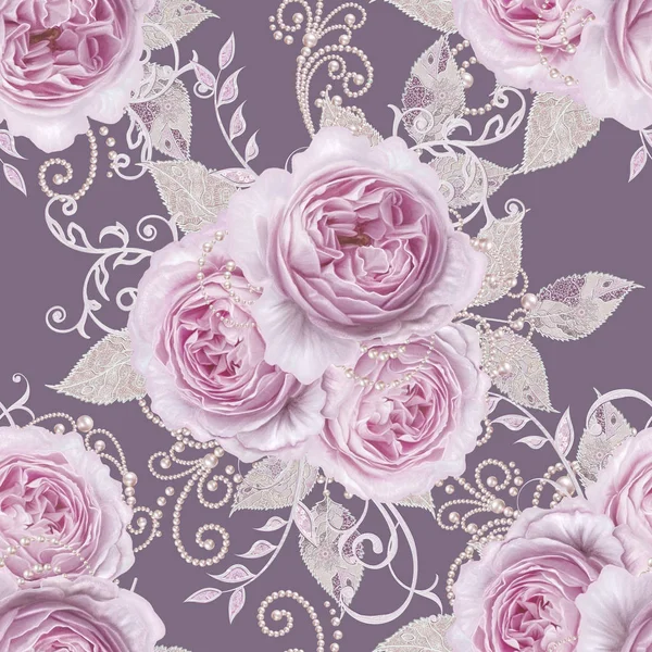 Seamless modeli. Dekoratif dekorasyon, desenli öğesi, hassas dokulu gümüş yaprakları yapılmış ince dantel ve inciler, iplik boncuklar, pastel pembe Gül ahbap. Hassas dokuma Ajur.