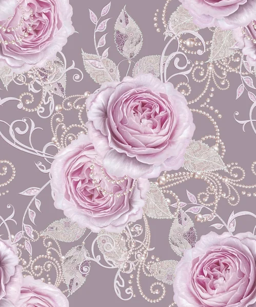 Seamless pattern. Decorative decoration, paisley element, delicate textured silver leaves made of thin lace and pearls, thread of beads, bud pastel pink rose. Openwork weaving delicate. — Stock Photo, Image