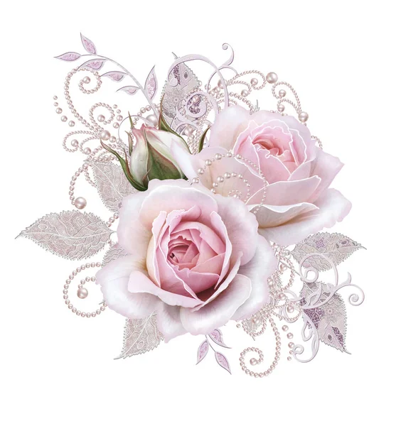 Dekoratif dekorasyon, desenli eleman, hassas dokulu gümüş yaprakları yapılmış güzel dantel ve inci. Mücevherli parlak bukleler, boncuklar, iş parçacığından pastel pembe Gül ahbap. Hassas dokuma Ajur