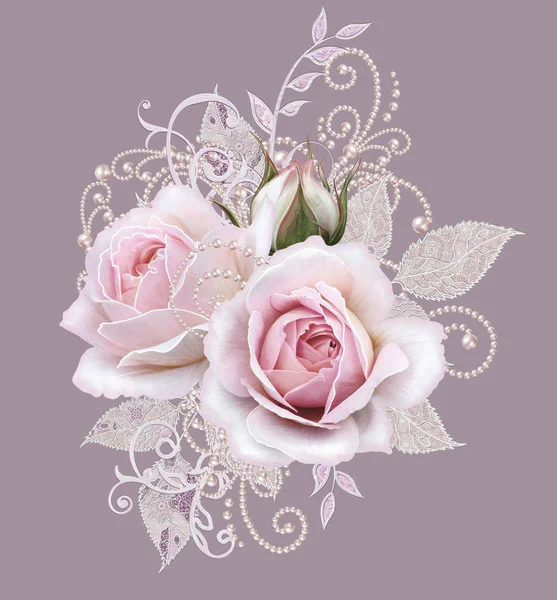 Decorative decoration, paisley element, delicate textured silver leaves made of fine lace and pearls. Jeweled shiny curls, thread from beads, bud pastel pink rose. Openwork weaving delicate — Stock Photo, Image