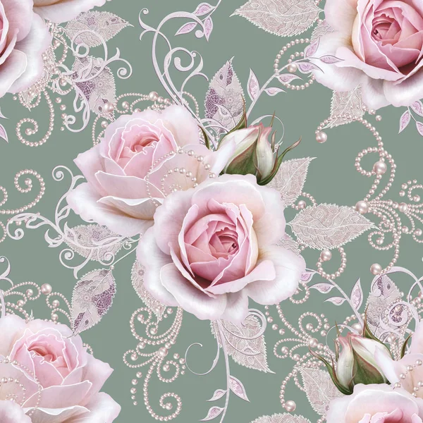 Seamless pattern. Decorative decoration, paisley element, delicate textured silver leaves made of thin lace and pearls, thread of beads, bud pastel pink rose. Openwork weaving delicate. — Stock Photo, Image