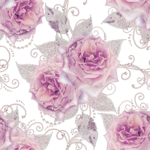 Naadloze patroon. Decoratieve decoratie, paisley element, delicate textuur zilveren bladeren gemaakt van dunne kant en parels, draad van kralen, bud pastel roze roos. Opengewerkte weven delicate. — Stockfoto