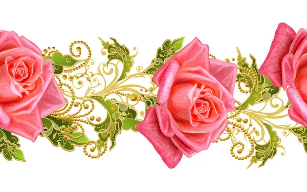 Patrón sin costuras. Rizos dorados texturizados. Brillante encaje, flores estilizadas, rosa roja. Calado tejido delicado, fondo dorado, Paisley . —  Fotos de Stock