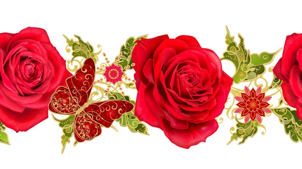 Бесшовный шаблон. Золотистые кудри. Блестящие кружева, стилизованные цветы, красная роза. Открытые ткани тонкий, золотой фон, Пейсли . — стоковое фото