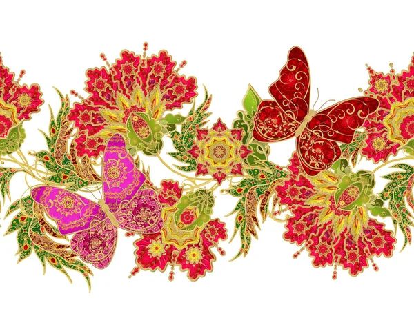 Vzor bezešvé. Zlaté texturou kadeře. Brilantní krajky, stylizované květy, červená růže. Prolamované tkaní delikátní, zlaté pozadí, Paisley. — Stock fotografie