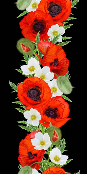 Floral seamless pattern. Flower arrangement, bouquet red poppies, white anemones, green leaves.