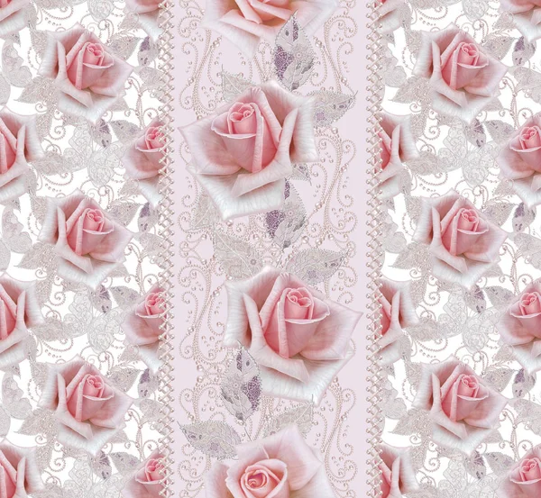 Seamless modeli. Pastel pembe Gül, kelebek dekoratif dekorasyon, desenli öğesi, hassas dokulu gümüş yaprakları yapılmış ince dantel ve inciler, iplik boncuklar, ahbap. Hassas dokuma Ajur