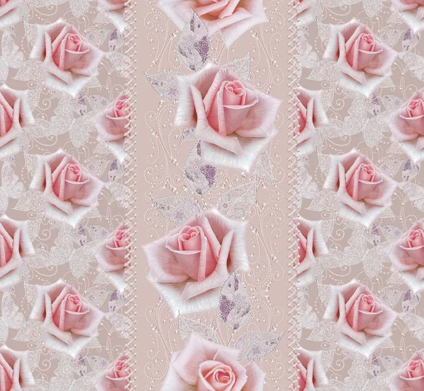 Seamless modeli. Pastel pembe Gül, kelebek dekoratif dekorasyon, desenli öğesi, hassas dokulu gümüş yaprakları yapılmış ince dantel ve inciler, iplik boncuklar, ahbap. Hassas dokuma Ajur