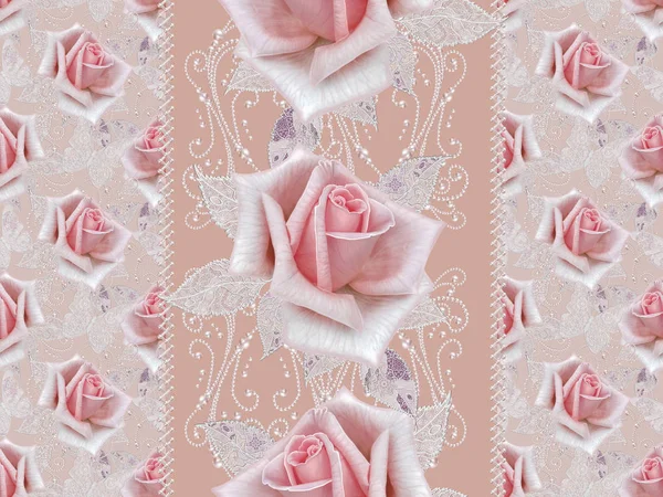 Seamless modeli. Pastel pembe Gül, kelebek dekoratif dekorasyon, desenli öğesi, hassas dokulu gümüş yaprakları yapılmış ince dantel ve inciler, iplik boncuklar, ahbap. Hassas dokuma Ajur