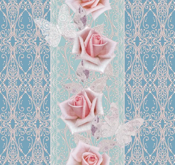 Seamless modeli. Pastel pembe Gül, kelebek dekoratif dekorasyon, desenli öğesi, hassas dokulu gümüş yaprakları yapılmış ince dantel ve inciler, iplik boncuklar, ahbap. Hassas dokuma Ajur