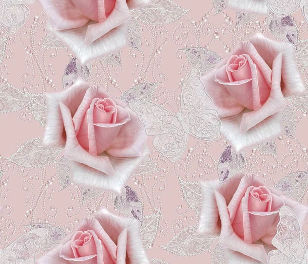 Seamless pattern. Decorative decoration, paisley element, delicate textured silver leaves made of thin lace and pearls, thread of beads, bud pastel pink rose, butterfly. Openwork weaving delicate — Stock Photo, Image