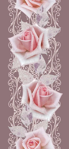 Безшовні візерунки. Декоративне оздоблення, елемент пейслі, ніжне текстуроване срібне листя з тонкого мережива і перлів, нитка з бісеру, бутон пастельно-рожева троянда, метелик. Ажурне плетіння делікатне — стокове фото