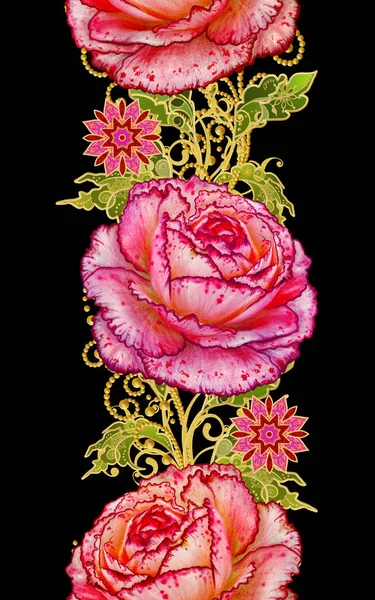 Vzor bezešvé. Zlaté texturou kadeře. Brilantní krajky, stylizované květy, červená růže. Prolamované tkaní delikátní, zlaté pozadí, Paisley, klenotníka motýl. — Stock fotografie