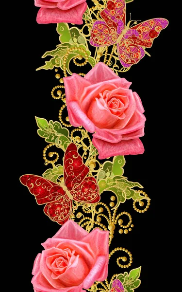 Χωρίς ραφή πρότυπο. Χρυσή ανάγλυφη μπούκλες. Λαμπρή δαντέλα, στυλιζαρισμένα Λουλούδια, κόκκινο τριαντάφυλλο. Διάτρητο ύφανση λεπτό, χρυσό φόντο, Paisley, jeweler πεταλούδα. — Φωτογραφία Αρχείου