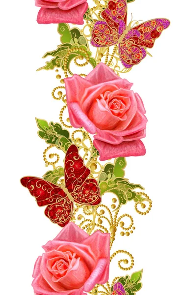 シームレス パターン。黄金の質感カール。華麗なレース、様式化された花、赤いバラ。透かし彫りの繊細な黄金色の背景を織りペイズリー、宝石商の蝶. — ストック写真