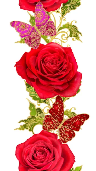 Seamless modeli. Altın dokulu bukleler. Parlak dantel, stilize çiçekler, kırmızı gül. Narin, altın arka plan, dokuma Ajur Paisley, kuyumcu 's kelebek.