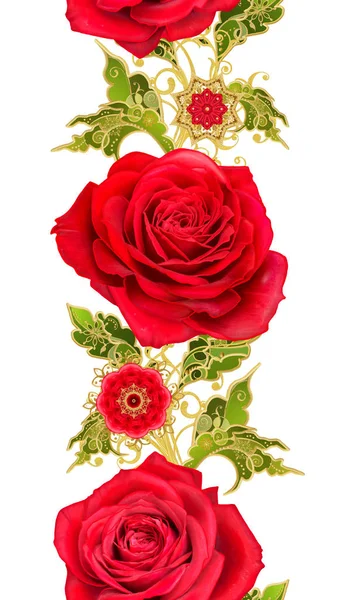 Seamless modeli. Altın dokulu bukleler. Parlak dantel, stilize çiçekler, kırmızı gül. Narin, altın arka plan, Paisley dokuma Ajur.